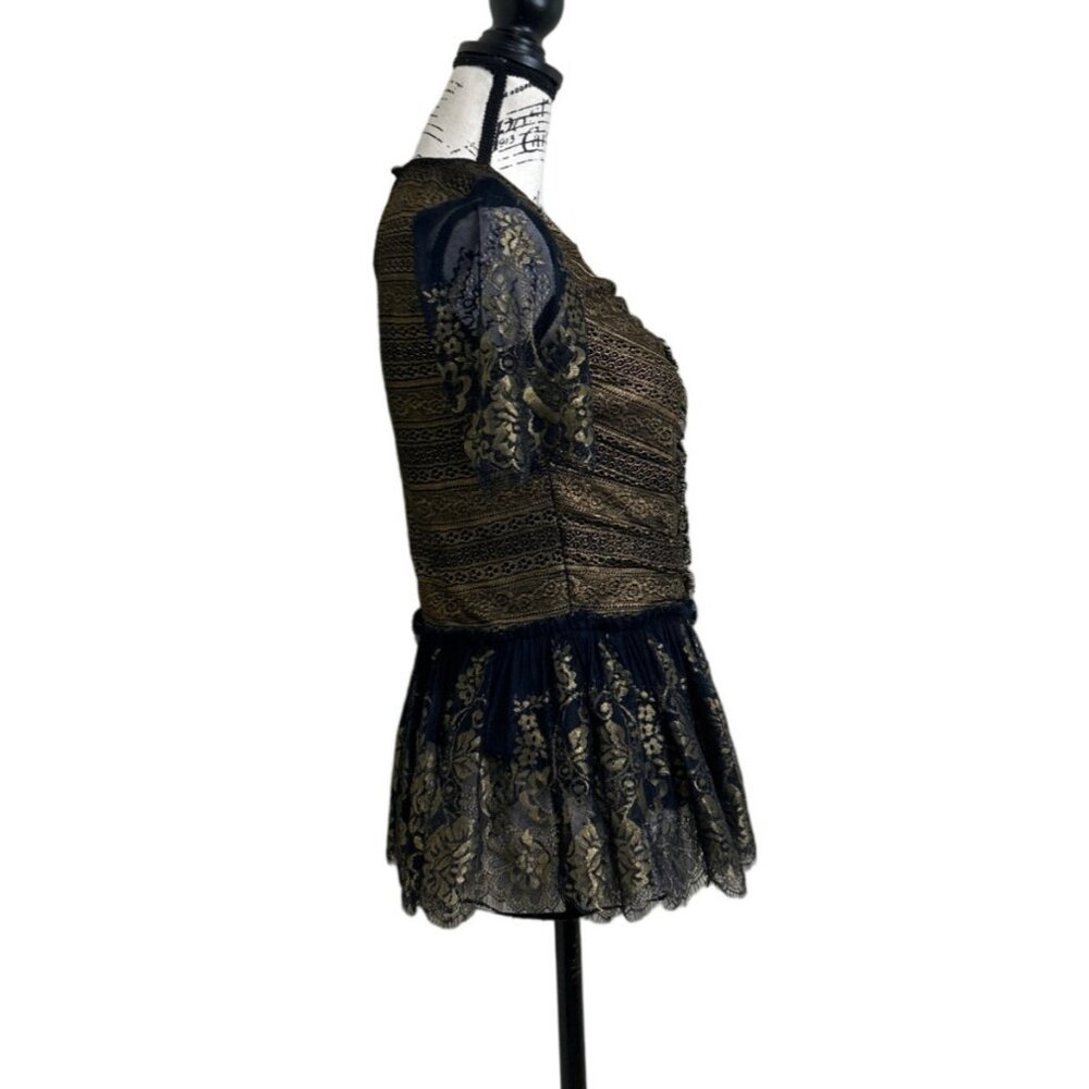 Marchesa Voyage Top Blouse Lace Short Sleeve Black Gold Whimsygoth Size 2 NEW - Picture 2 of 8